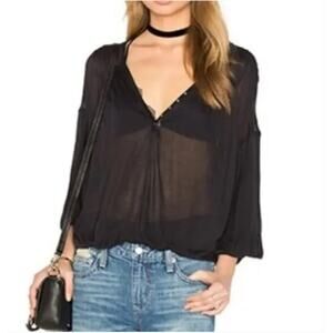 FREE PEOPLE | Peaks Island Black Blouson Lightweight Henley Top | Extra Small